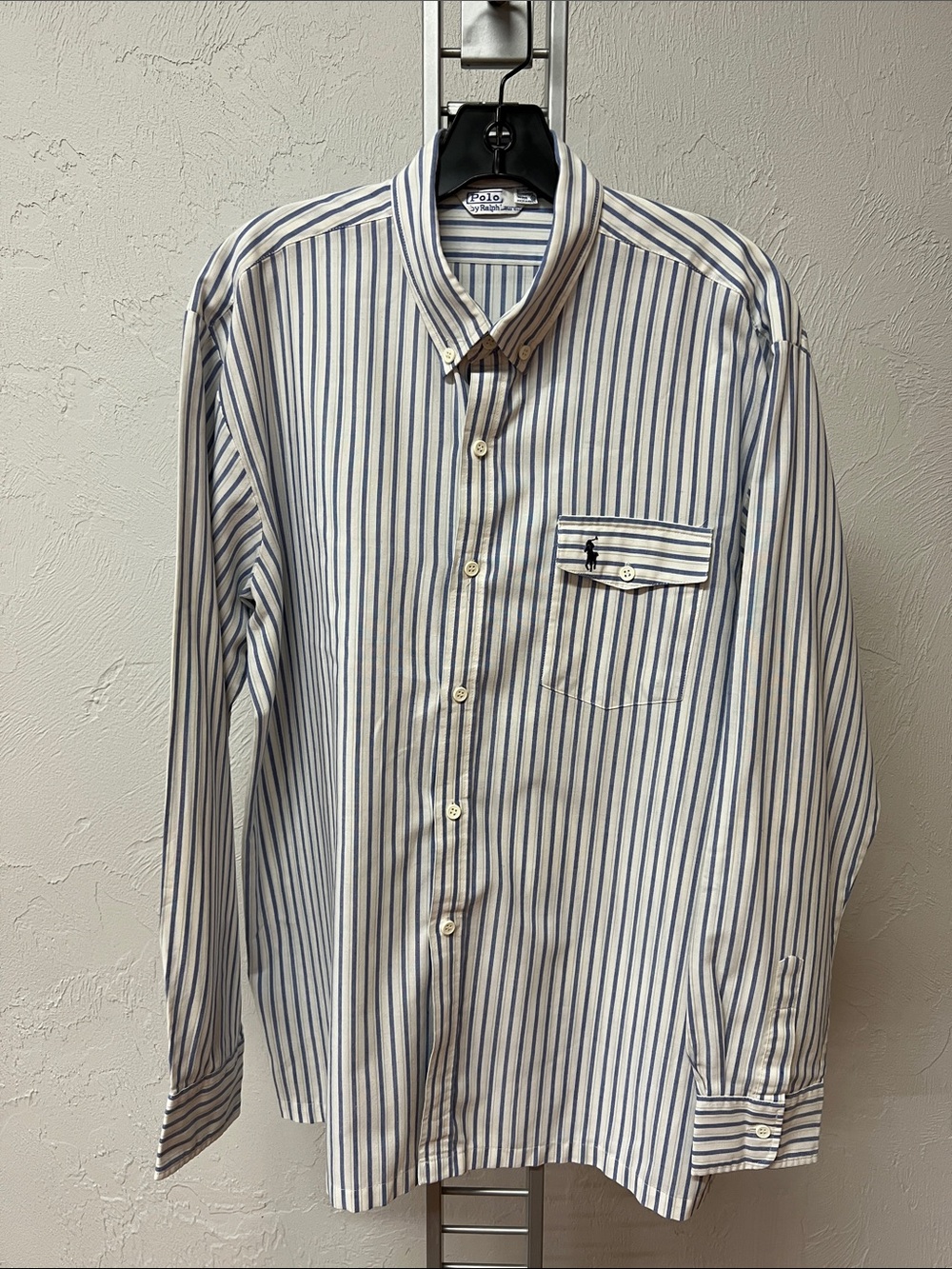 Polo Ralph Lauren Blue White Stripe Oxford Button-Down Flap Pocket Shirt Size XL